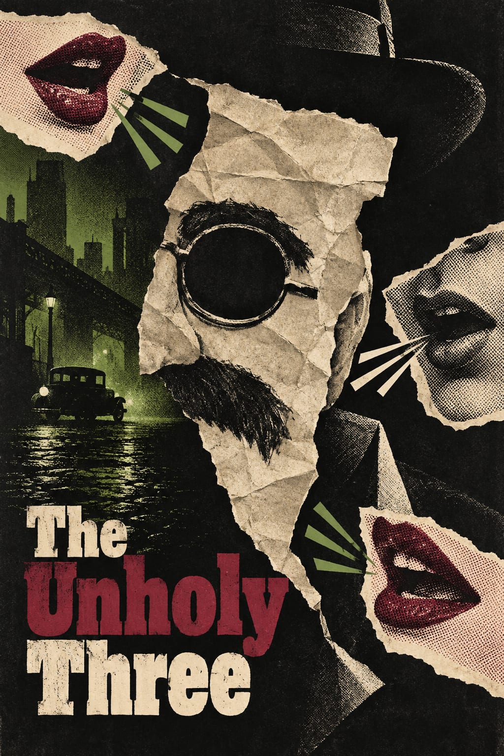 Three printed mouth fragments surround a torn theatrical disguise of hat, glasses and moustache.