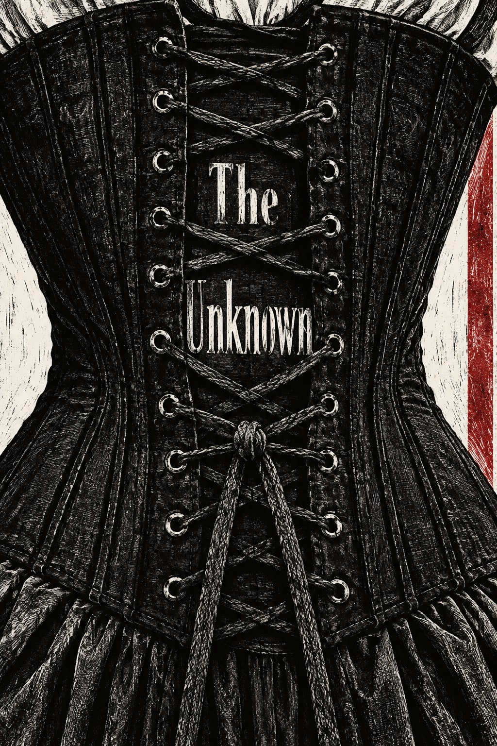 A tightly laced black corset fills the image, with the title between its crossed cords.