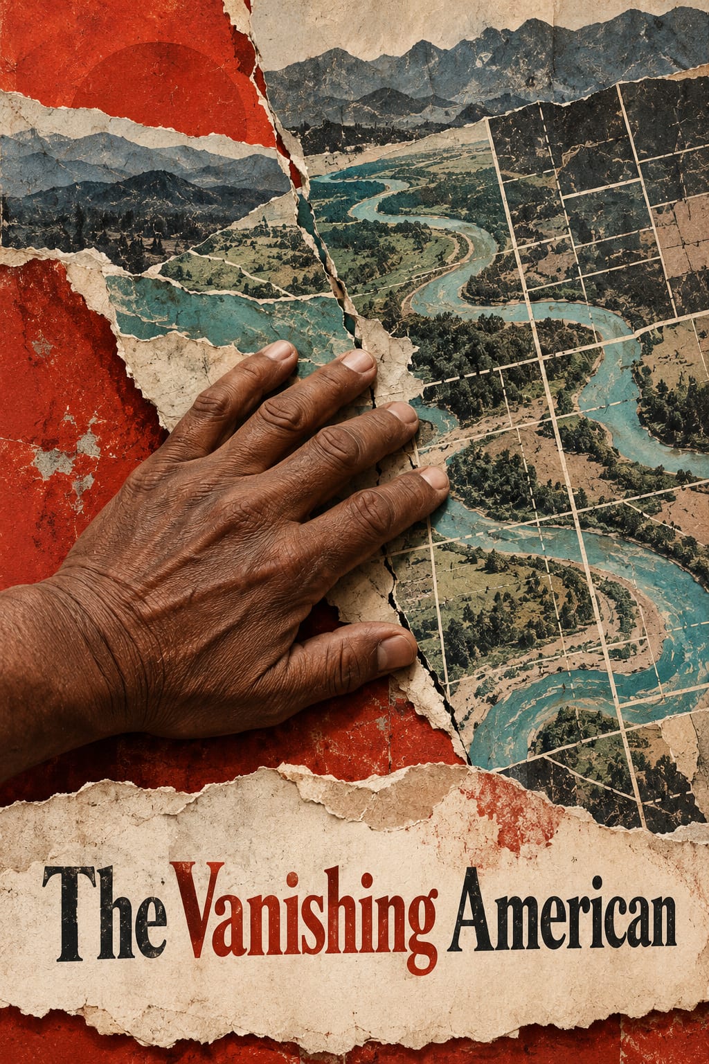 A worn hand presses fragmented terrain paper beneath imposed straight property lines.