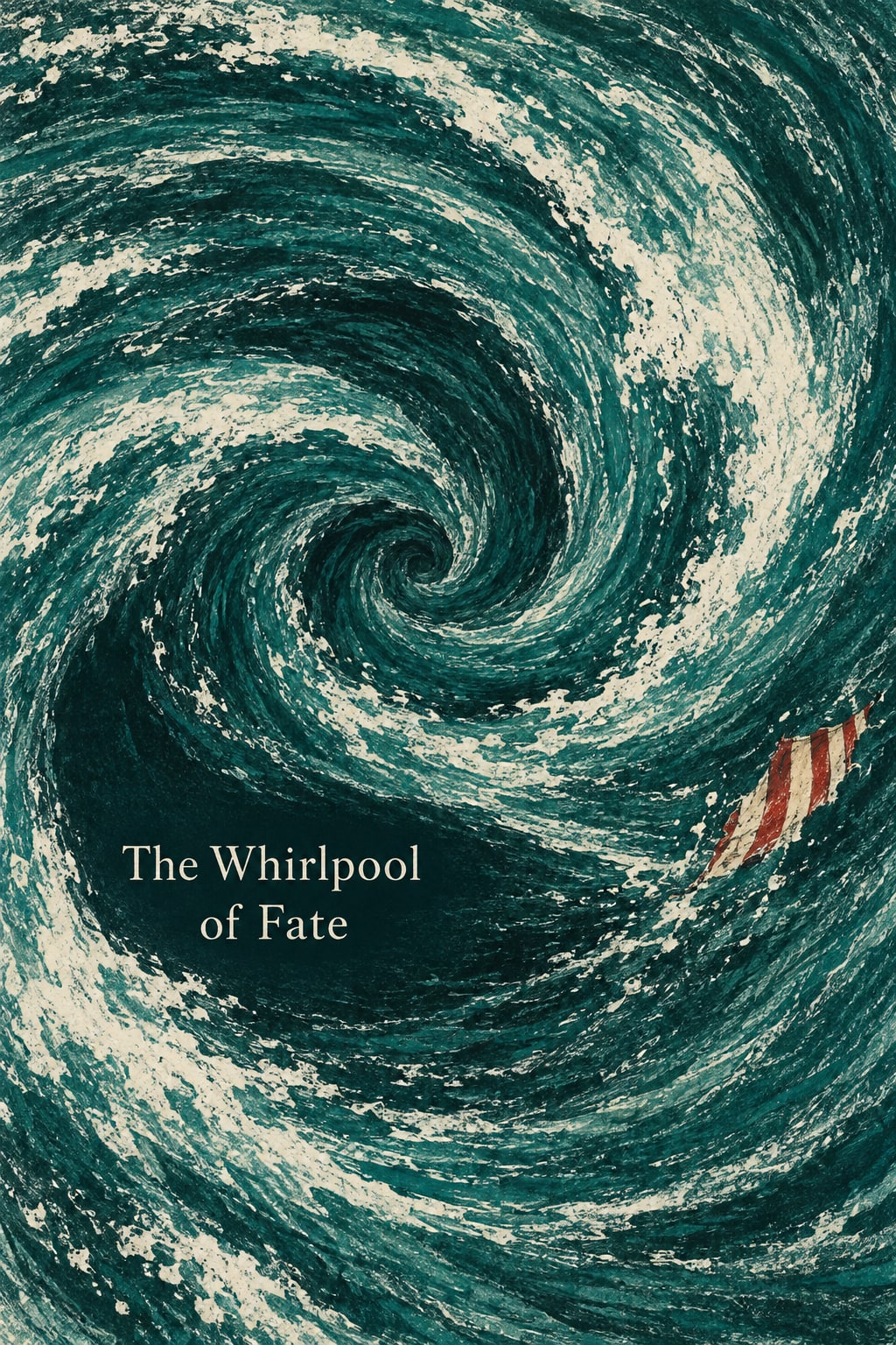 A small piece of red-and-white striped fabric floats in a large turquoise whirlpool.
