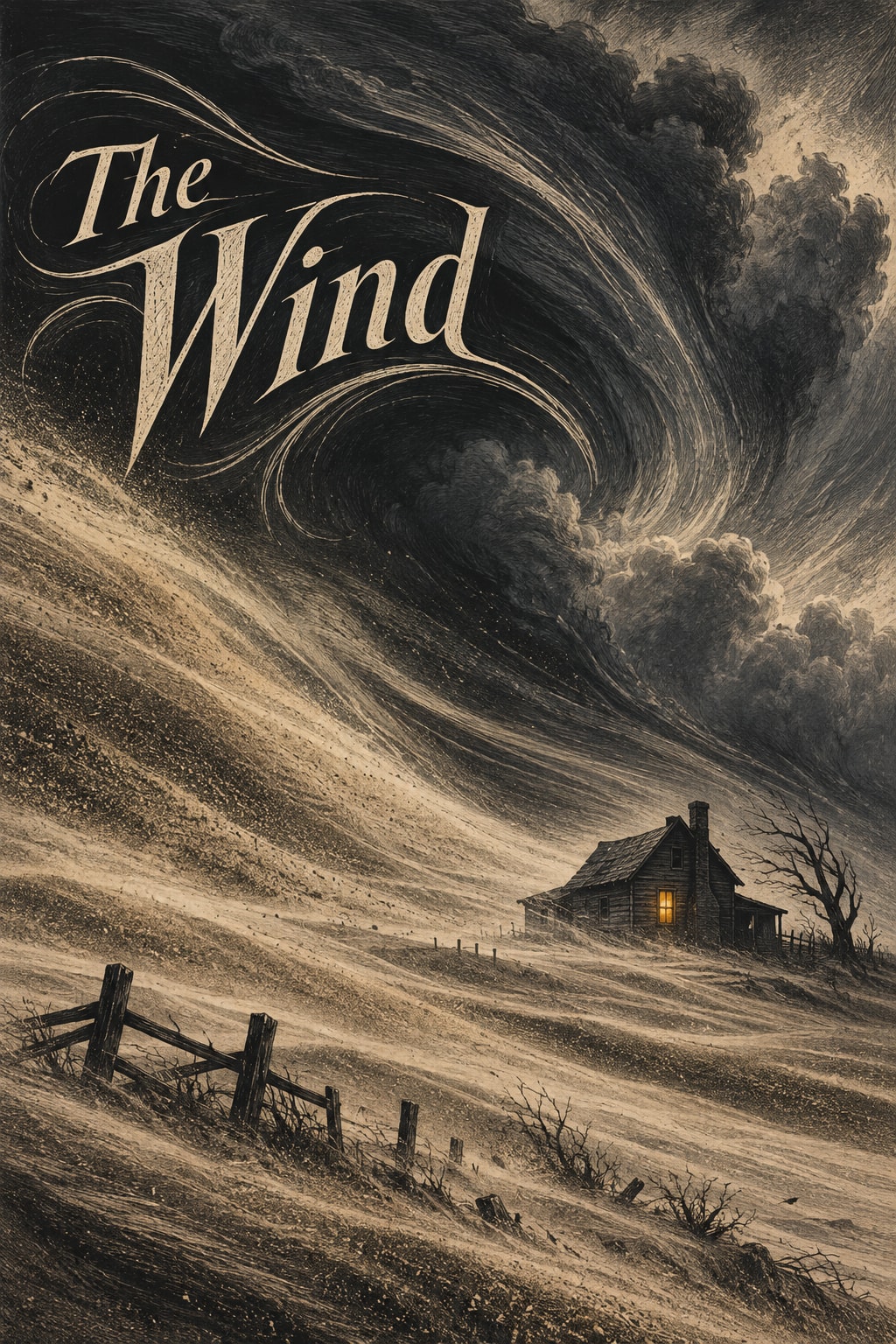 Original illustration for The Wind: A lonely timber house at lower right almost swallowed by long sweeping engraved arcs of sand and wind; one small amber-lit window.