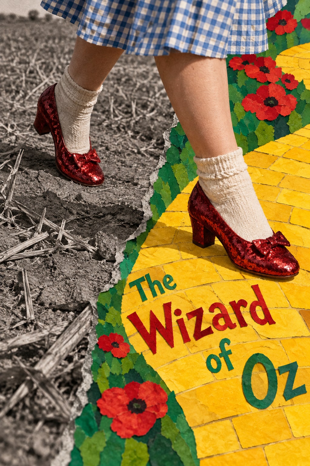 Red shoes step from monochrome ground onto a yellow brick path bordered by red flowers.