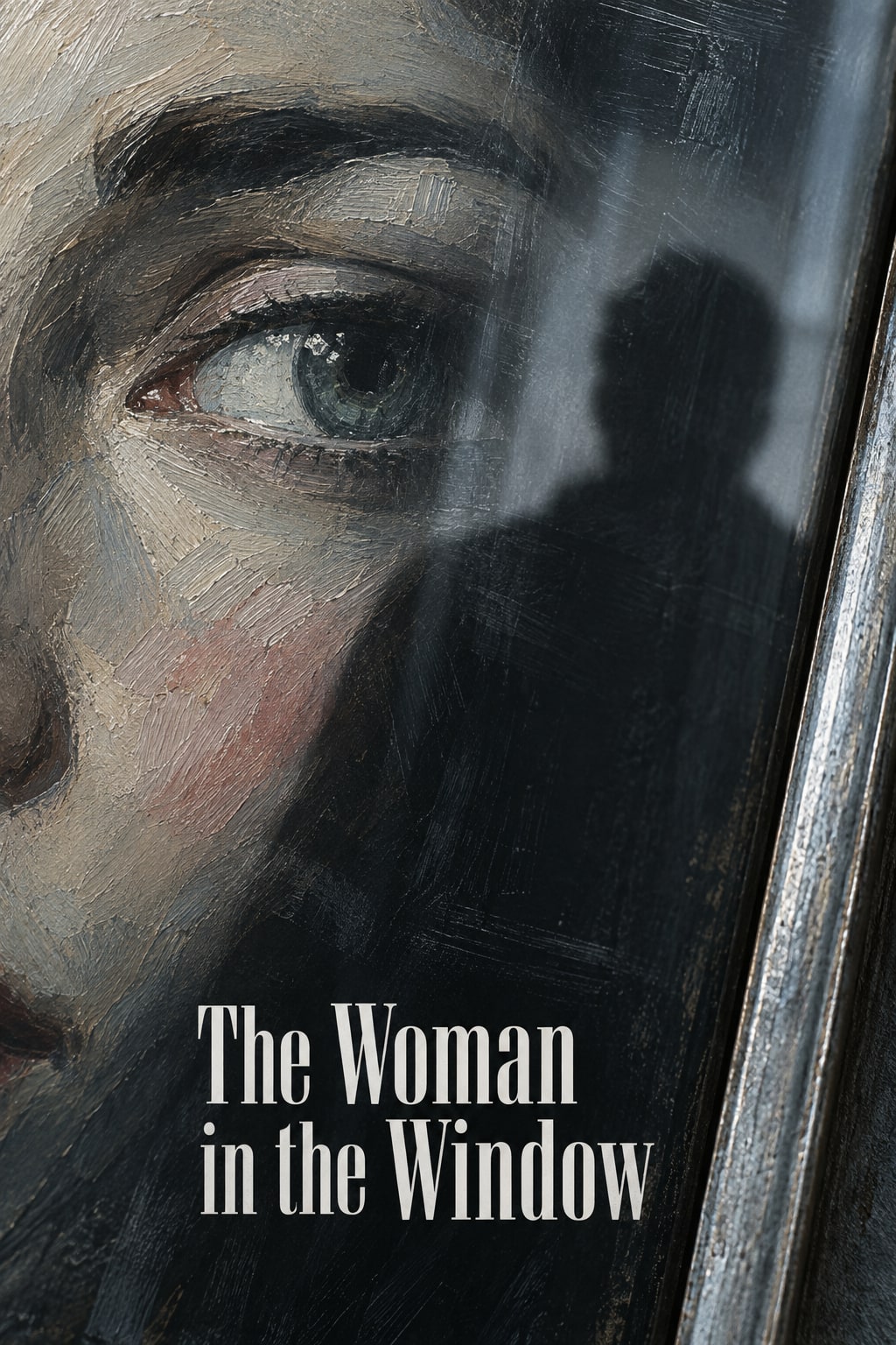 A painted eye is seen in extreme close-up beneath glass reflecting a dark human silhouette.