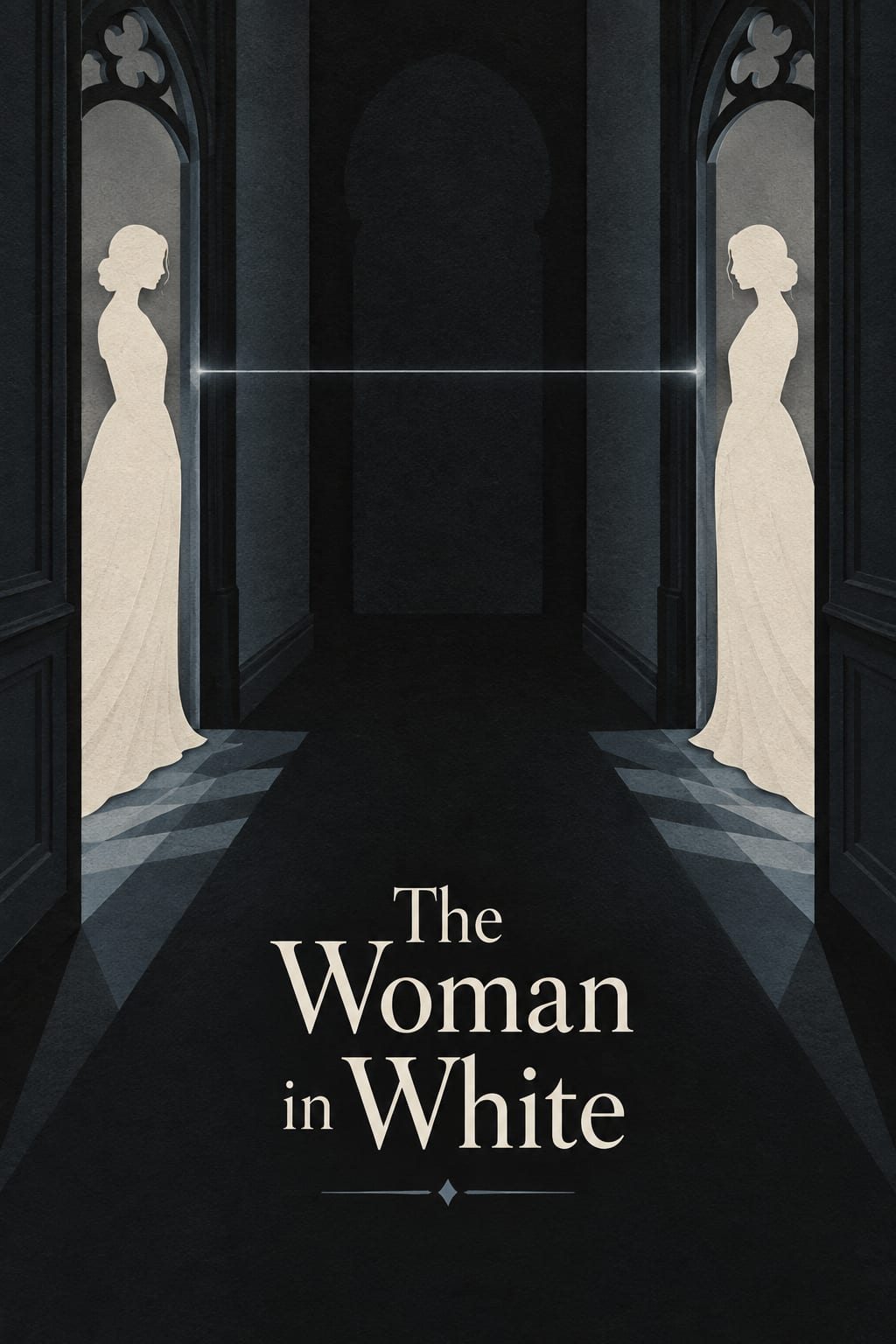 Two matching pale silhouettes appear in facing Gothic doorways.