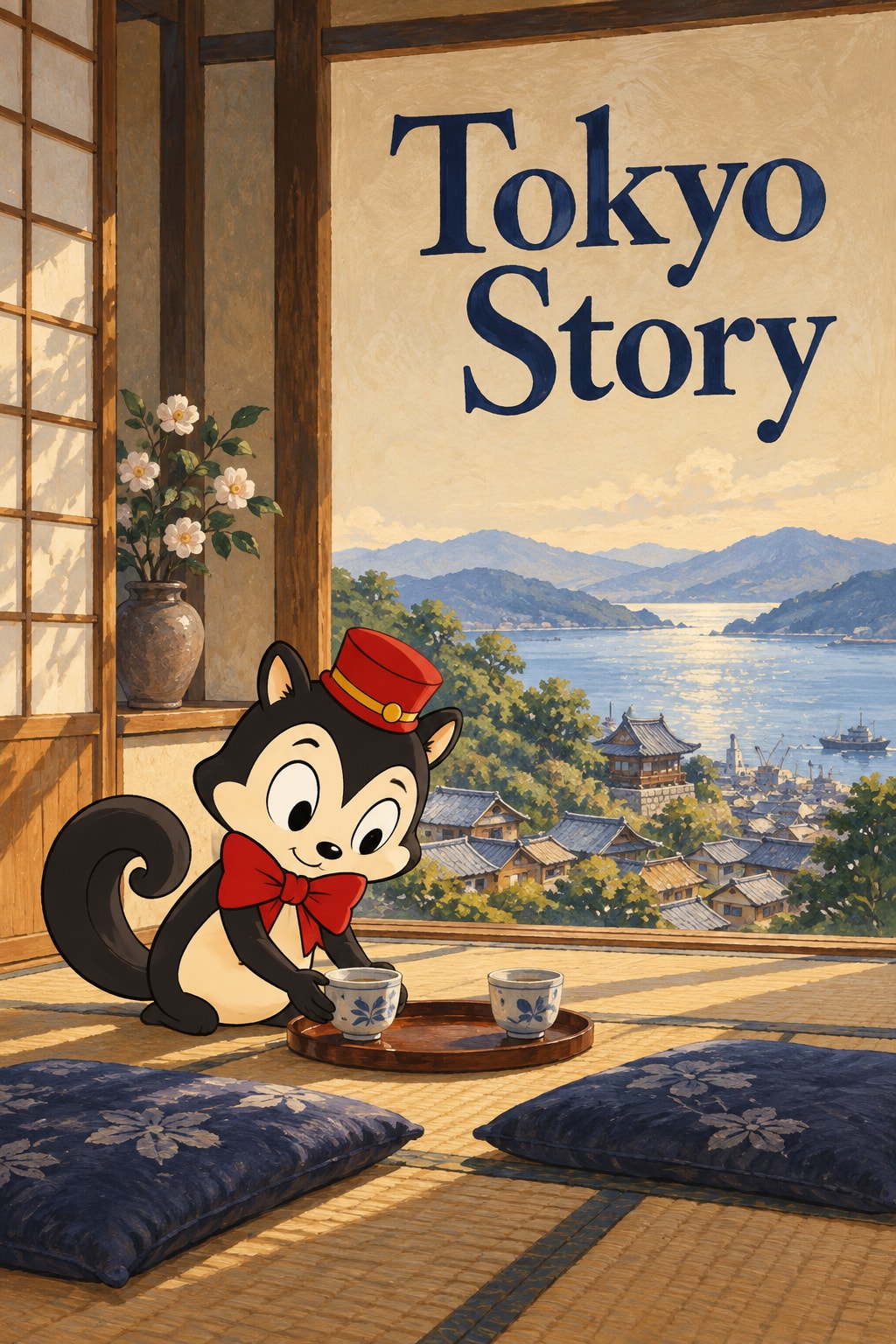 Tokyo Story: Momo sits with tea in a sunlit tatami room overlooking a Japanese coastal town.