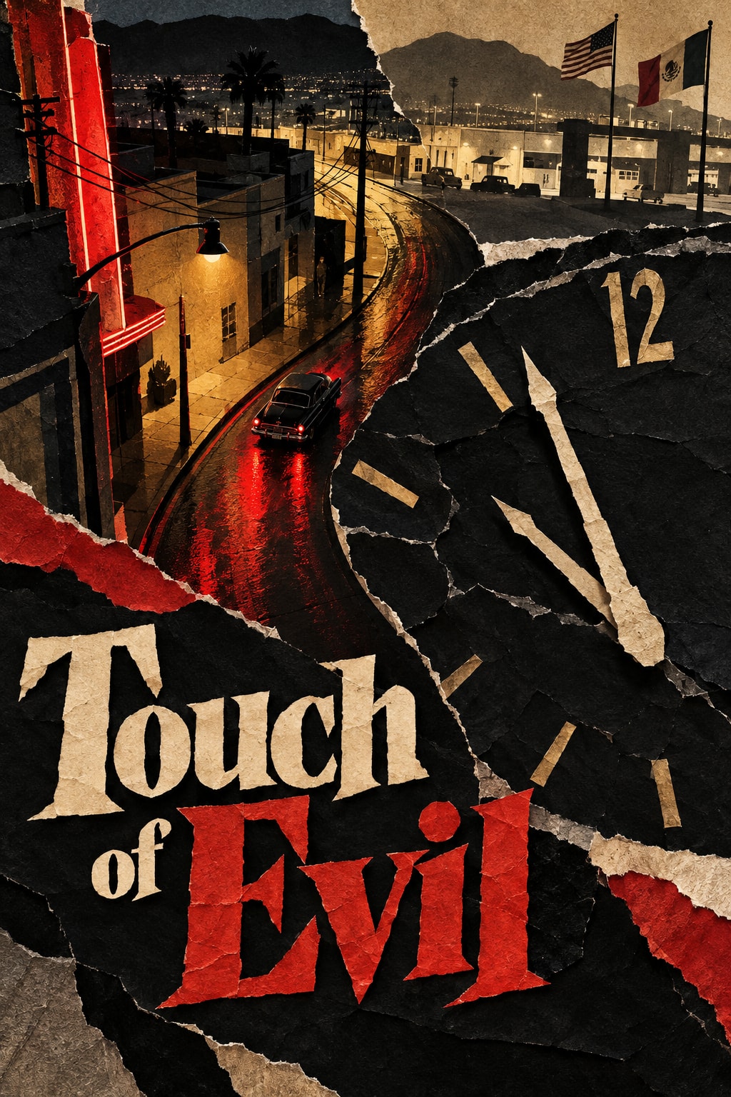 Touch of Evil: A midnight clock and a border-town street overlap in black, red and ochre paper.
