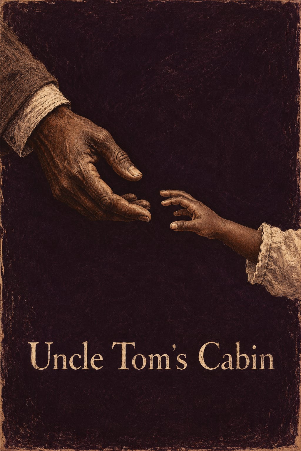 An adult's hand and a child's hand reach across a dark gap above Uncle Tom's Cabin.