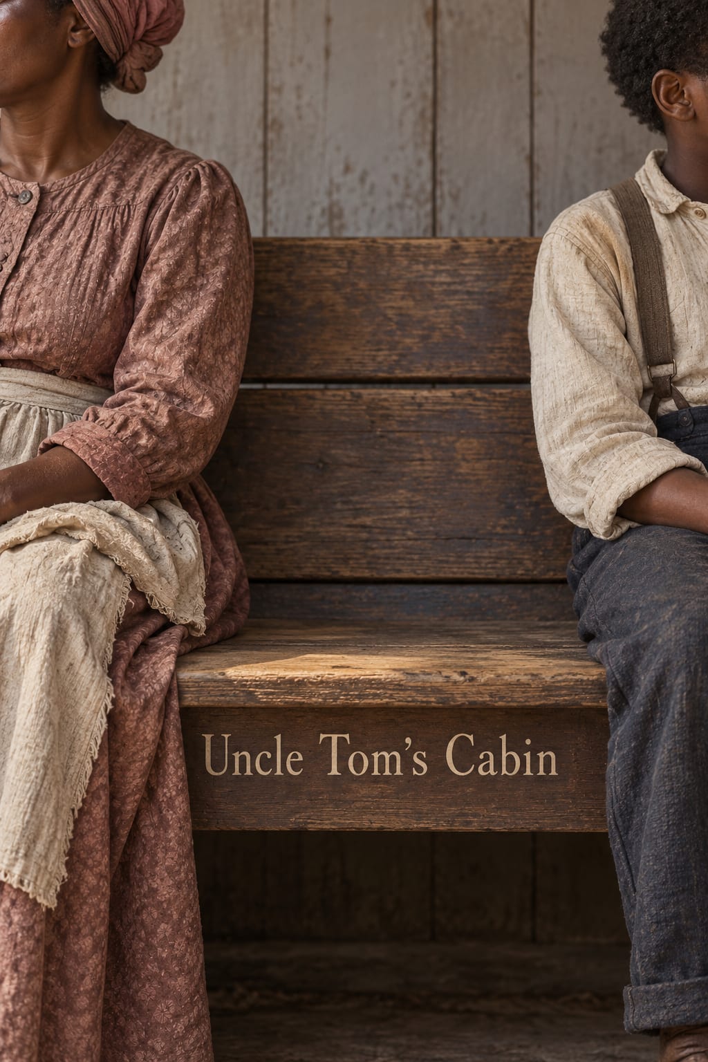 Two seated family members are separated by an empty section of a worn wooden bench.
