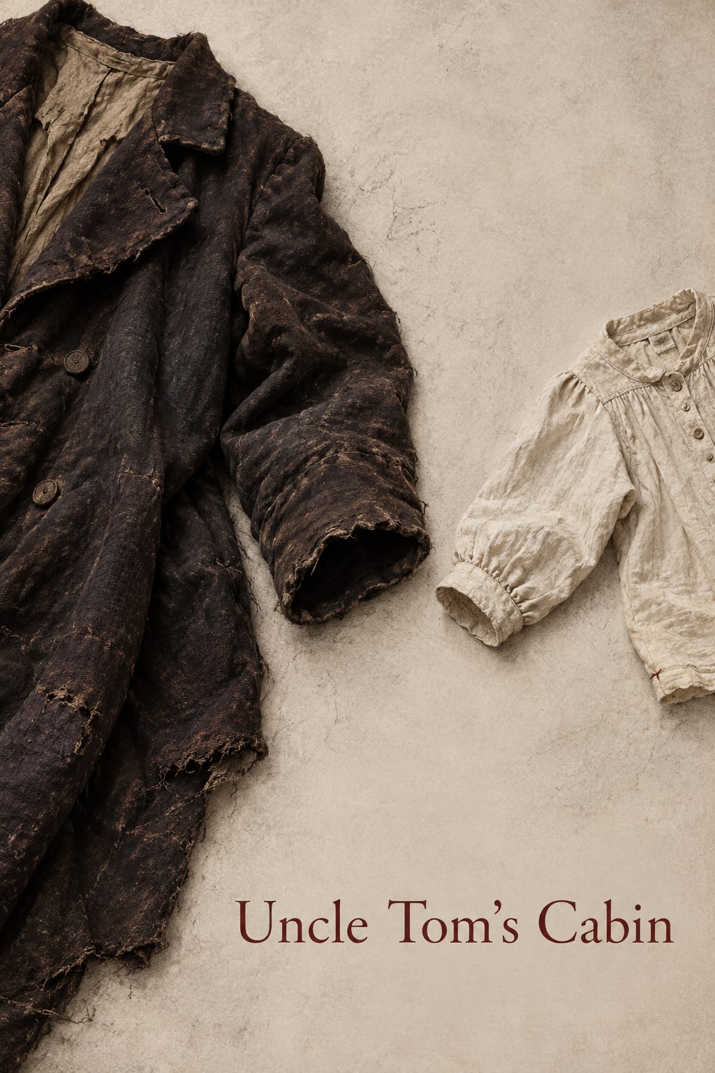 An empty worn coat and a child's pale shirt reach toward a narrow gap on a plain ground.