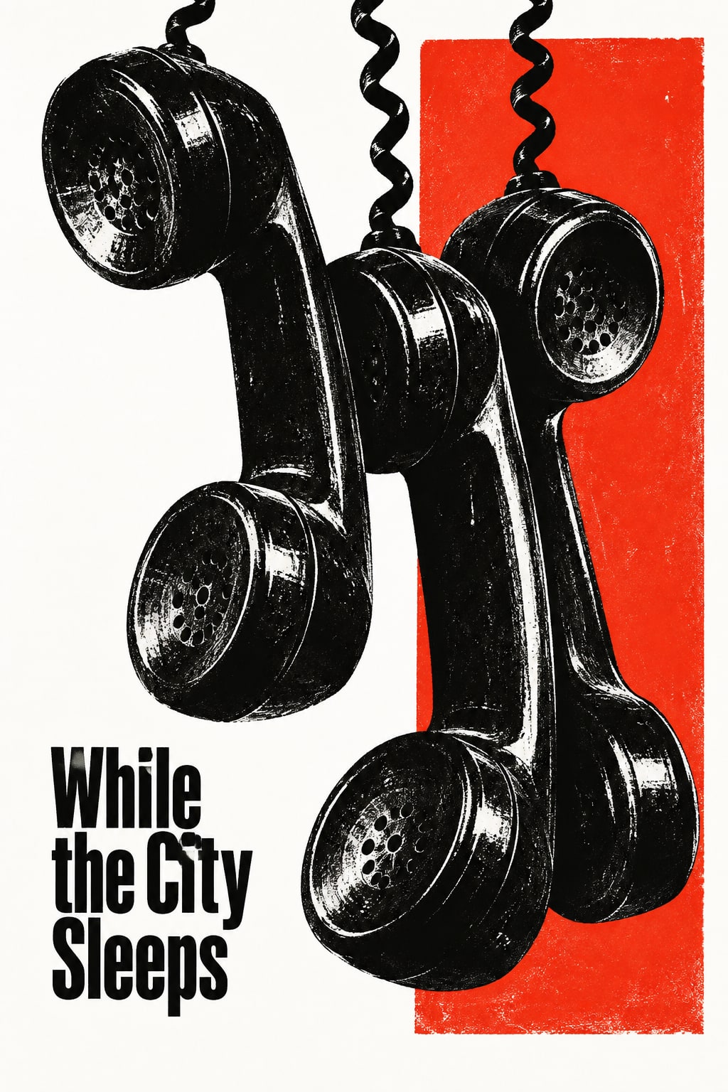 Black telephone receivers and coiled cords hang beside a red block and the title.