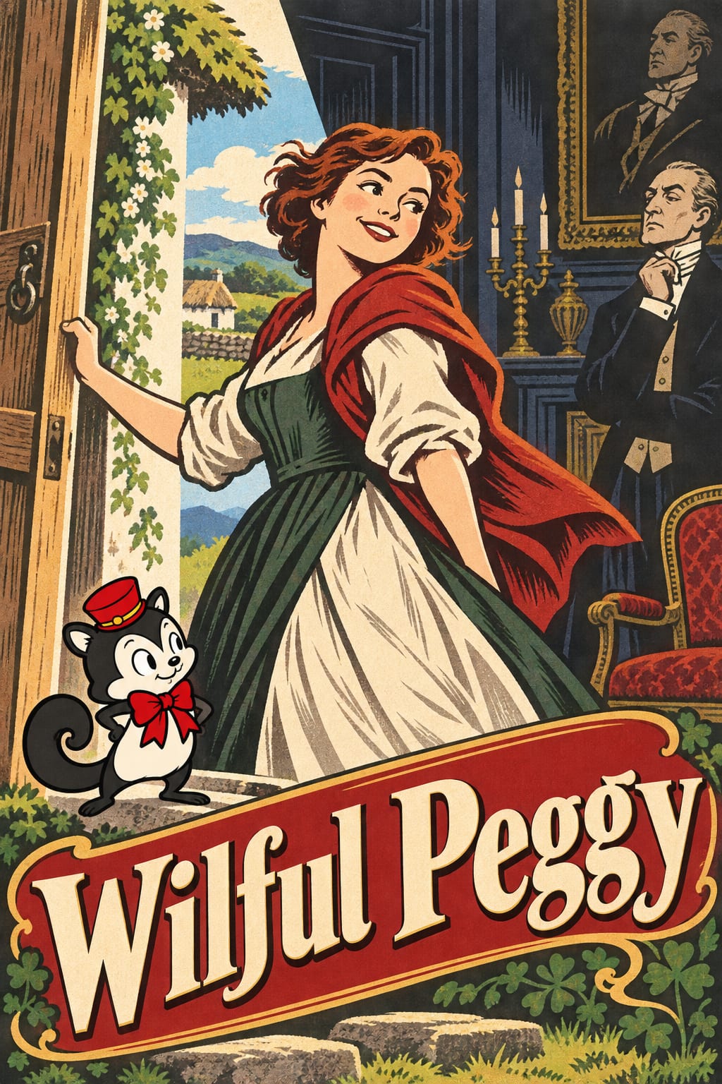 A smiling woman opens a door between countryside and manor room; small Momo stands by the title.