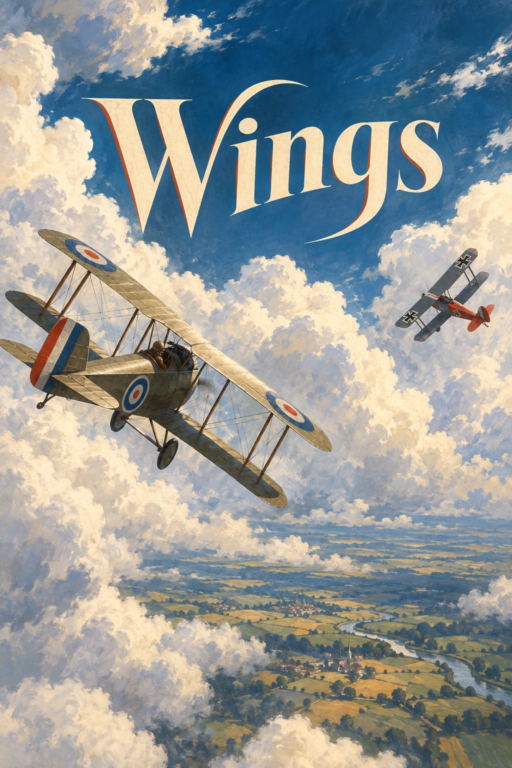 Original illustration for Wings: Two WWI biplanes far apart bank through voluminous ivory clouds above a tiny geometrical patchwork landscape.