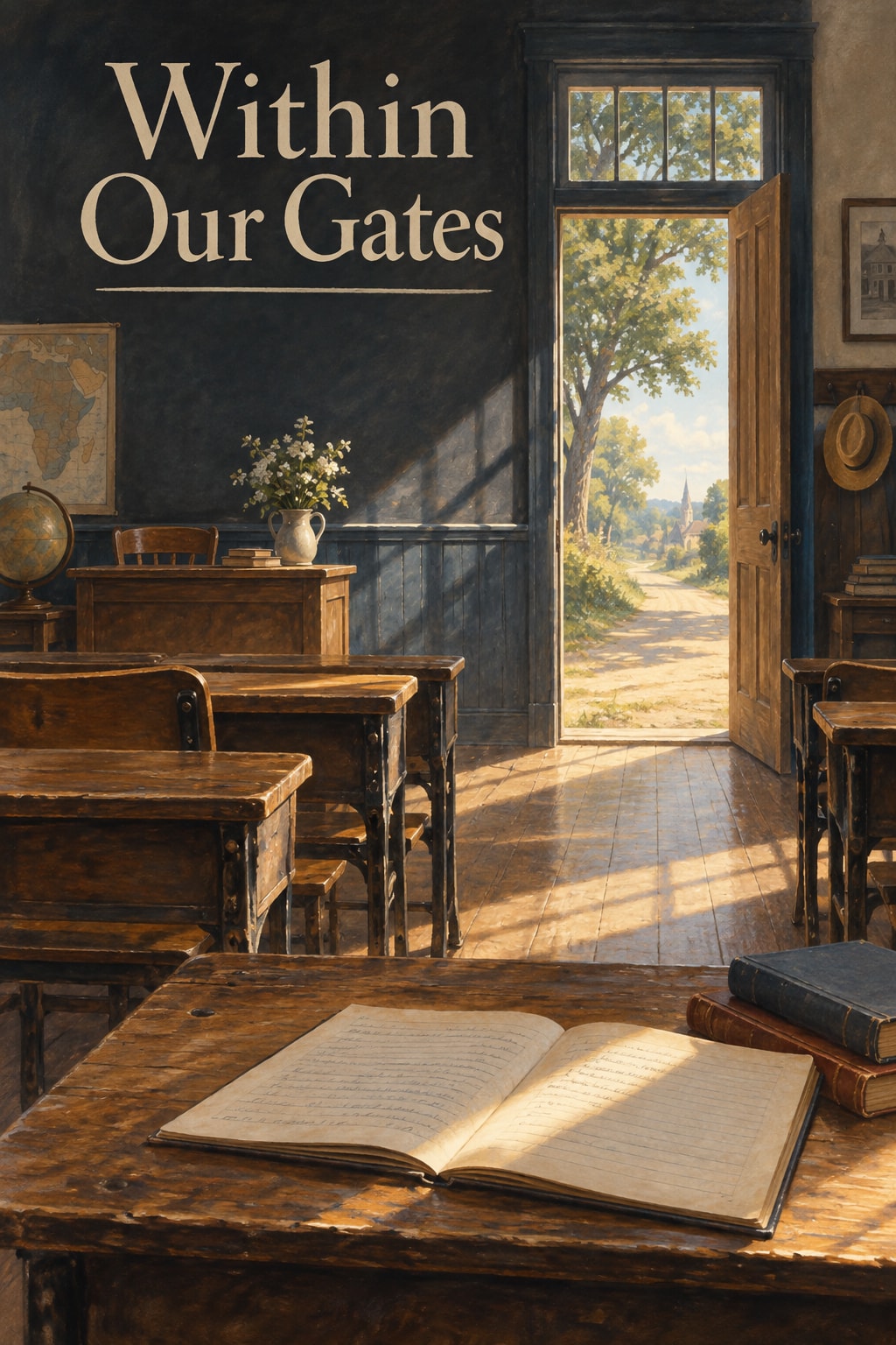 Original illustration for Within Our Gates: Dignified empty early-20th-century schoolroom: a warm morning beam crosses worn wooden desks and an open exercise book, the open doorway frames trees and a road beyond.