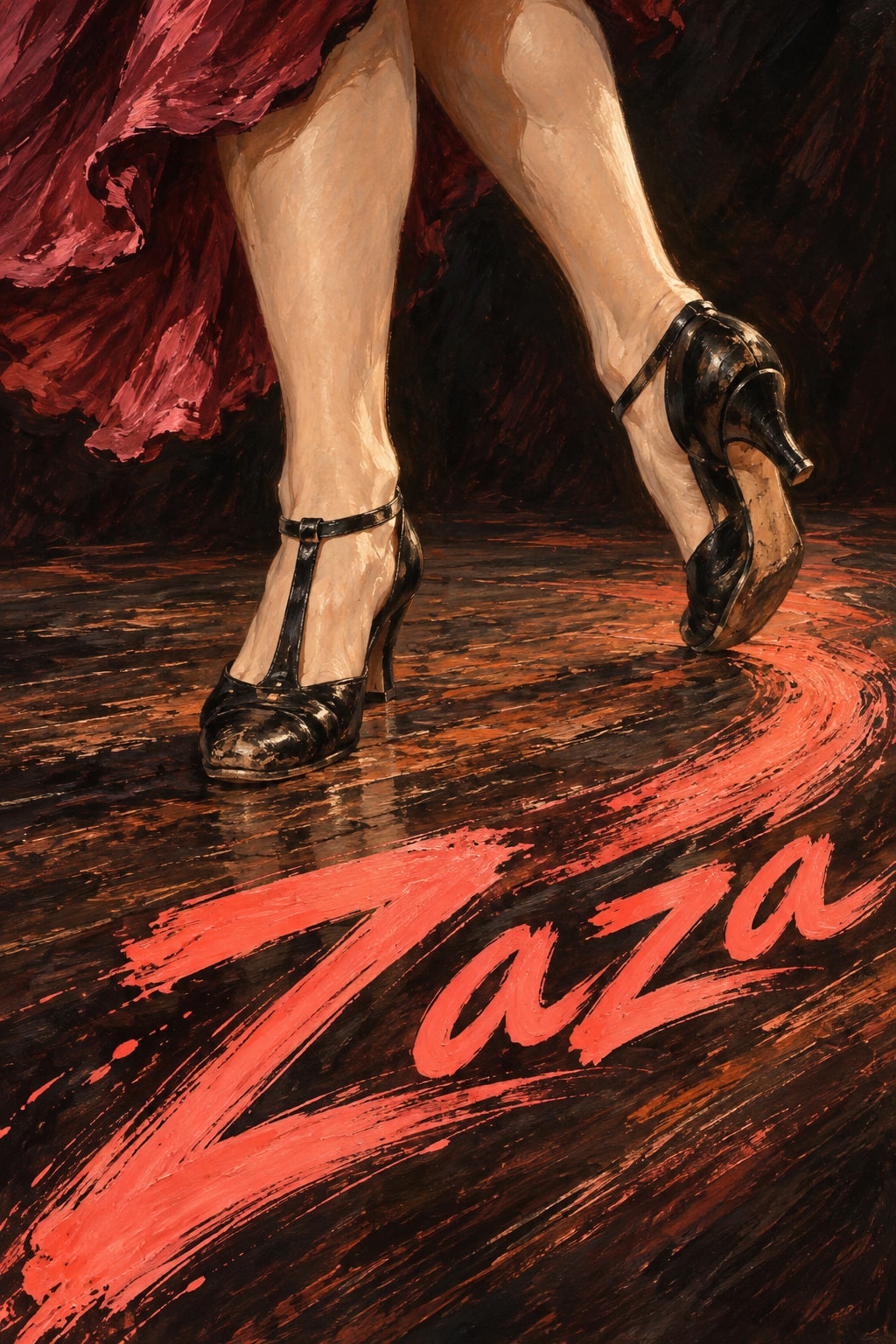 Glossy black shoes step across a wooden stage beneath a red skirt and sweeping red title lettering.